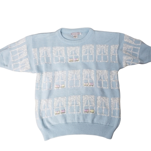 Vintage White Stag Short Sleeve Sweater Baby Blue & White Window Design VGUC M - Picture 4 of 11